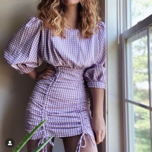 ZARA Bloggers Favorite Size S Lilac Gingham Mini Dress Puff Sleeve Ruched Bottom